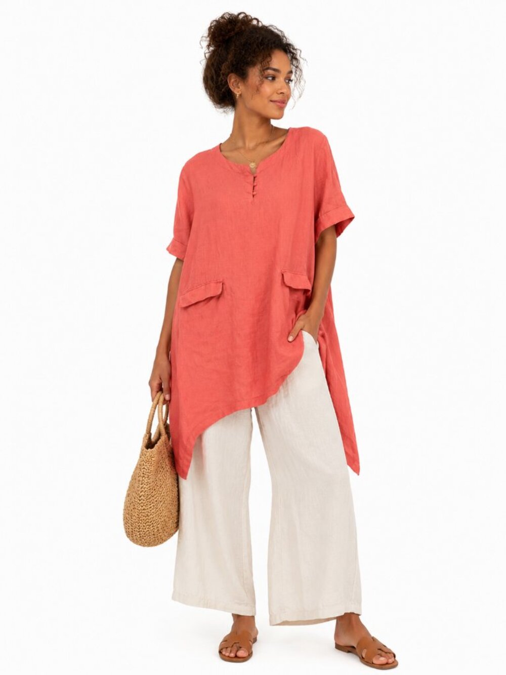 Beams Heart Linen Tunic Coral Sharkbite Hem Short Sleeve Pockets Relaxed Fit